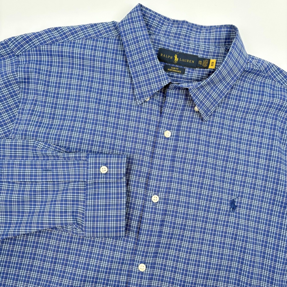 Ralph Lauren Slim Fit Performance Plaid Shirt XXL Blue Long Sleeve Button Up